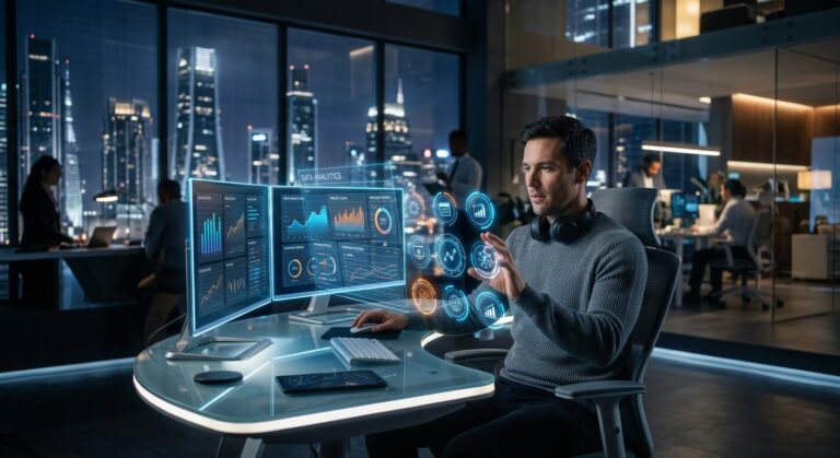 A professional interacting with glowing holographic data analytics displays at a high-tech office desk at night