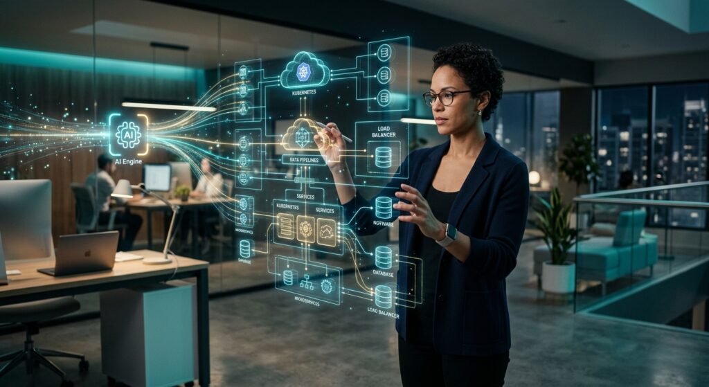 Woman interacting with a futuristic digital cloud infrastructure diagram connected to an AI engine